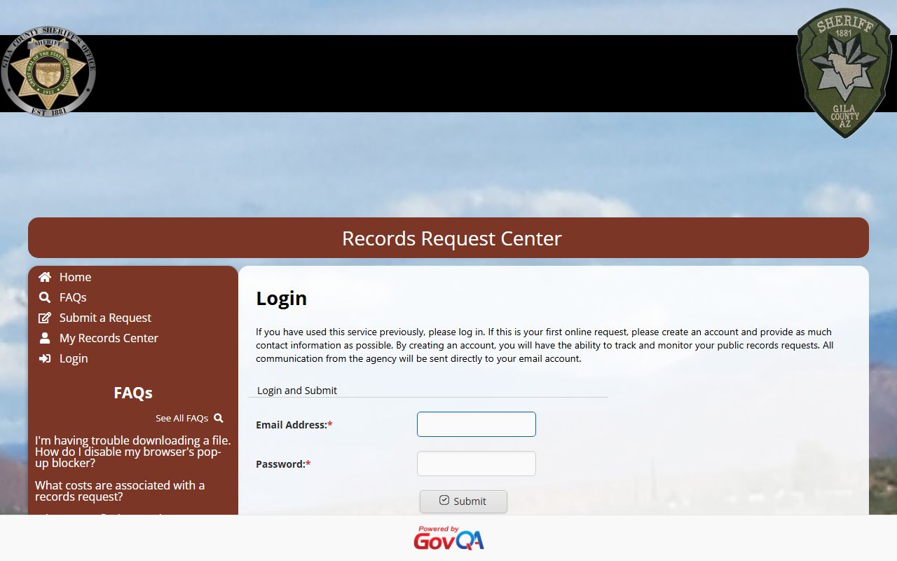 Gila County jail mugshot records request through the GovQA public-records portal