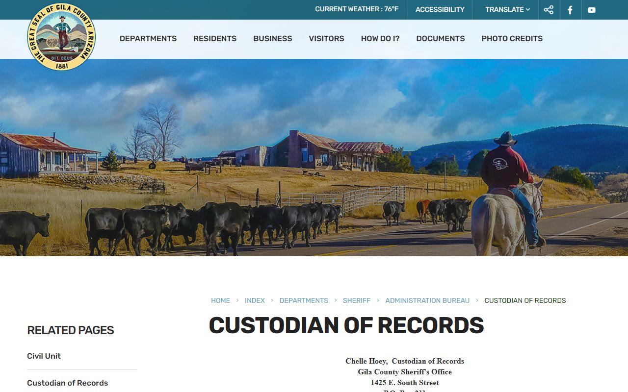 Gila County inmate records request page for booking and jail records